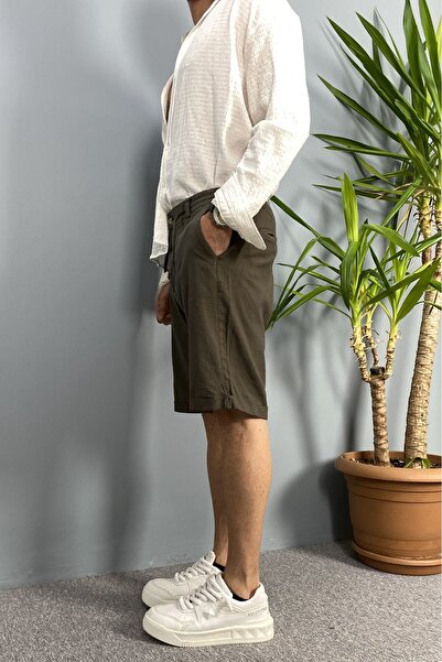 Alışveriş Sokağı Khaki Linen Shorts with Elastic Waist and Drawstring
