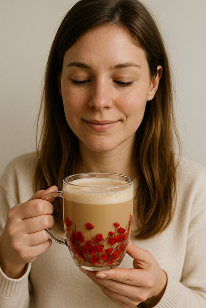 wei Double-walled glass mug with red dried flowers, 350 ml