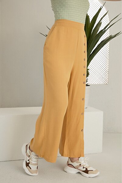 Alışveriş Sokağı Buttoned Design Pocketed Linen Trousers Khaki Color