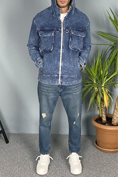 Alışveriş Sokağı Hooded Cargo Pocket Piece Gray Denim Jacket