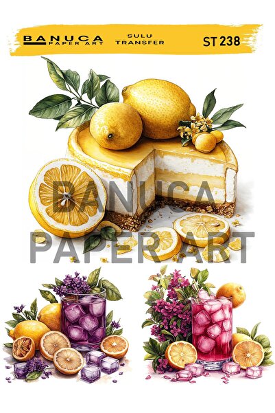 Banuca Paper Art ST238 Limonlu Pasta, Limonata Desenli 25*35 cm Açık Zemin Su...