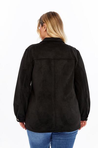 RMG Button Detailed Plus Size Suede Jacket Black