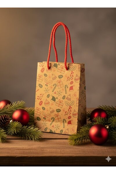 roco paper Yılbaşı Desenli Kraft Karton Çanta Seti - 6lı, Kırmızı Saplı Parti, Noel, Hediye Çantası, 12x17 Cm