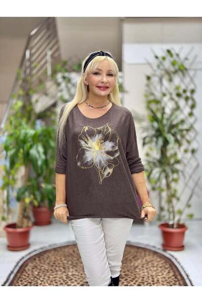 Punta Otantik Yg3003 Flower Printed Italian Knitwear Blouse Brown