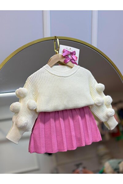 ArdenKids 2-8 Yaş Ekru Triko Ponpon kazak Pembe Triko Etek (Toka Hediyeli)