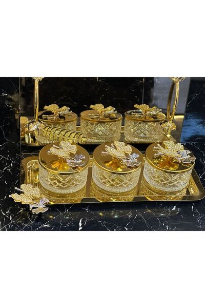 pırıltı home 3'LÜ TEPSİLİ GOLD TAŞLI DRAJELİK-LOKUMLUK-KAHVALTILIK-BAHARATLIK