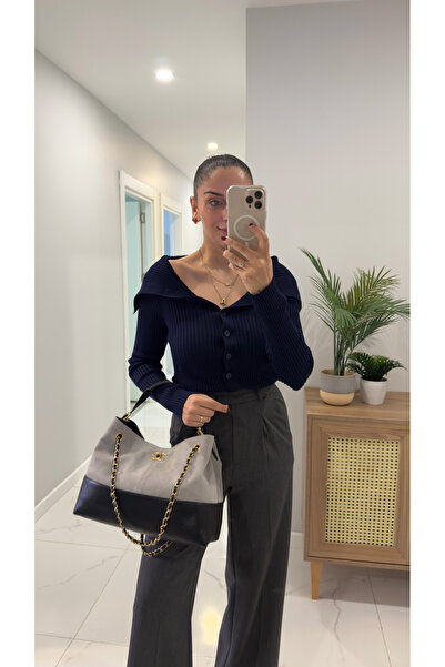 BİRCANÇİL Utera Navy Blue Buttoned Cardigan with Collar Detail