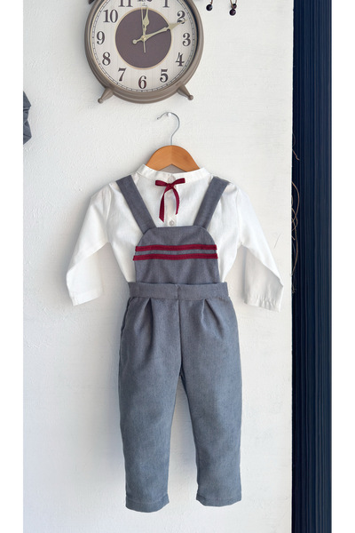 Sis and Bro MAVİMSİ GRİ FİTİLLİ KADİFE PANTOLON SALOPET - GÖMLEK