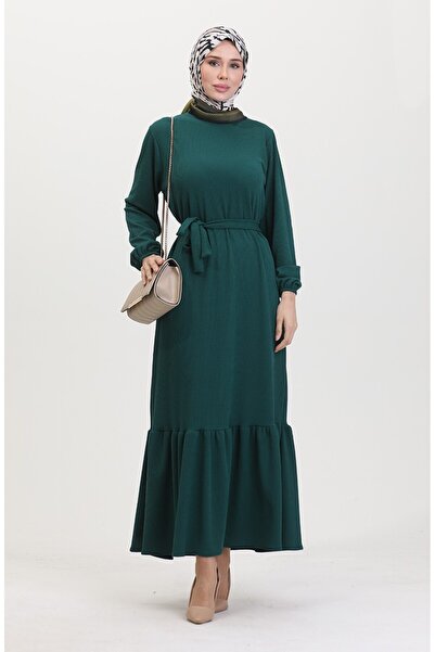 sefamerve Twisted Fabric Corded Fabric Ruffle Dress 2169-05 Emerald Green