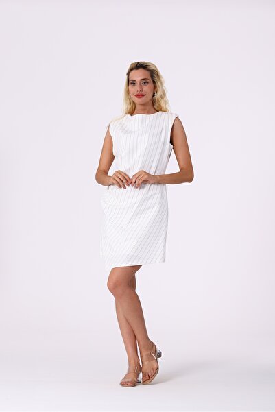 modahira Moda Hira Kadın Beyaz Asimetrik Çizgili Şık Yazlık Elbise