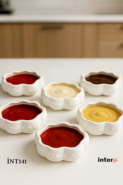 İnterlife 6-Piece Mini Porcelain Sauce Bowl Jam Bowl Presentation Bowl with Writing 8X6 cm Oval Porcelain Bowl