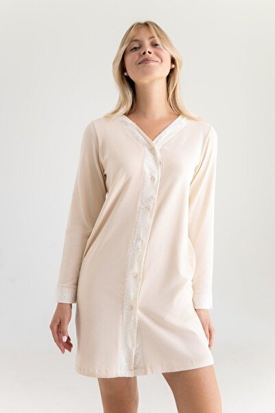 Bumbăcel Women's short, solid-color nightgown with long sleeves made of cotton