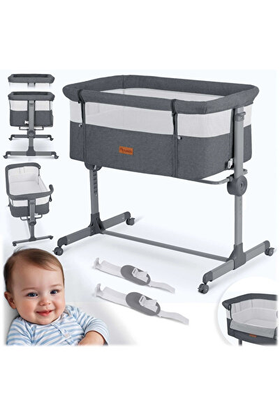 NUKIDO Grey co-sleeper crib with sliding side, wheels with brakes, adjustable height, breathable materials