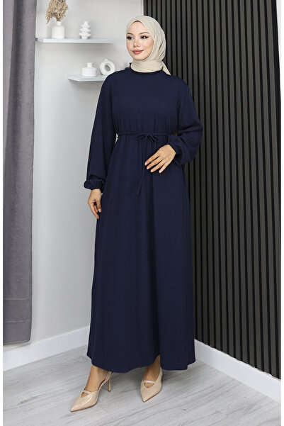 sefamerve Burgu Fabric Sleeve Elasticated Hijab Dress 2170-04 Navy Blue