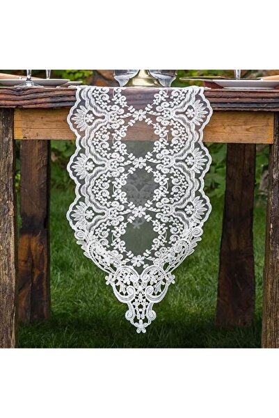 ARTABLE Embroidered Organza Table Runner with Lace, White, 12x48 in (30x120 cm)