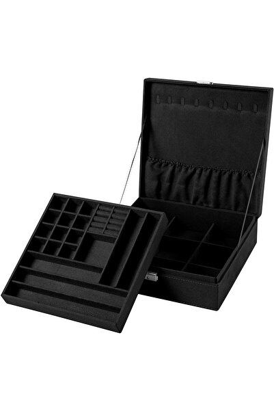 Generic Sodynee Two-Layer Jewelry Organizer Box with Lock, Black (Faux Wood)