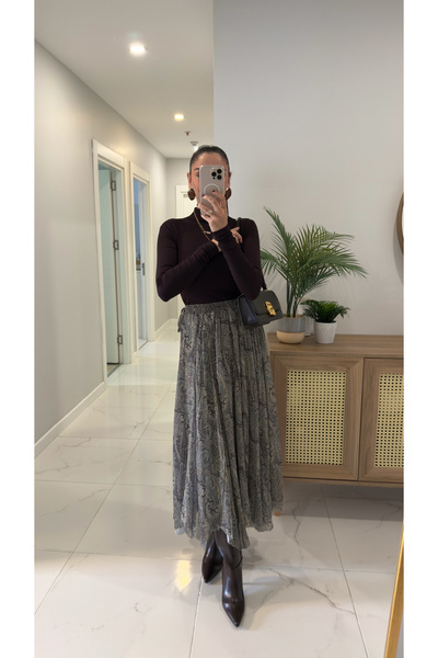 BİRCANÇİL Wiosta Green Coffee Patterned Skirt