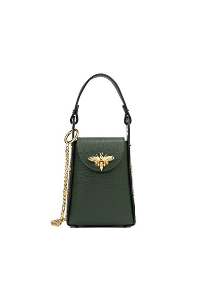 Posete Fagaras Lia Leather Purse - Dark Green, 1 Compartment, Adjustable Strap max. 110 cm