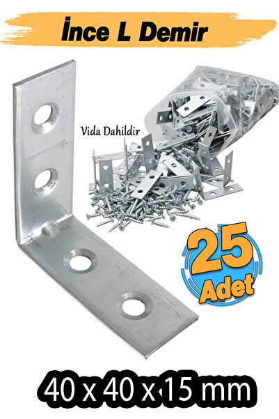Badem10 (25 ADET) Metal Köşebent 40x40x15 mm İnce L Demiri Gönye Bağlantı Aparatı Mobilya Duvar Sabitleme
