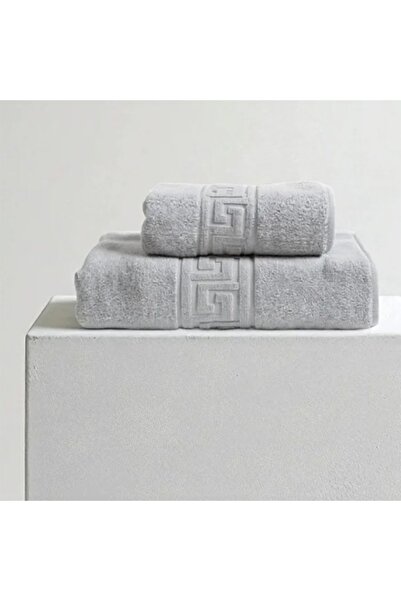 Artenova Set of 2 Premium Cotton Bath Towels, 70x140 cm, 50X90 cm, Greek pattern, Grey