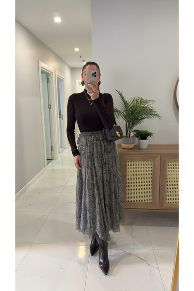 BİRCANÇİL Wiosta Green Coffee Patterned Skirt