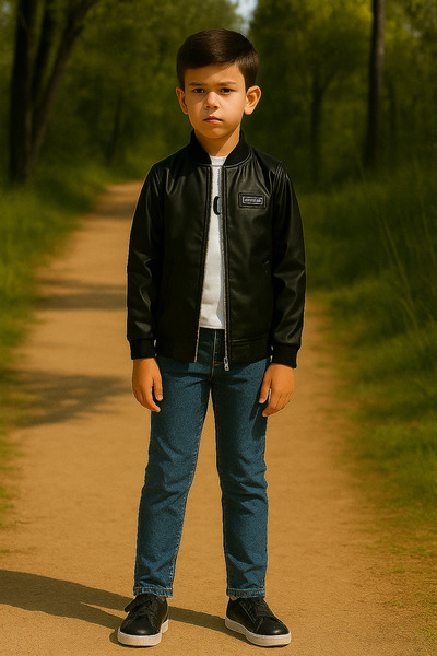 BARKOD KİDS BARKOD KİDS935-11-25 سترة للأولاد D مظهر جلدي – تي شيرت أبيض وبنط...