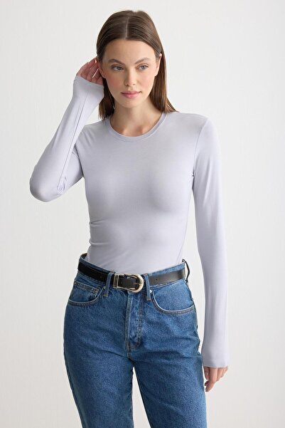 ipekton studio Long Sleeve Crew Neck Combed Cotton Bodysuit Gray