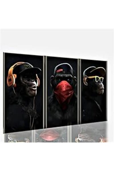 BBA لوحة فنية جدارية من القماش مكونة من 3 لوحات - ثلاثة قرود مضحكة، إطار خشبي...