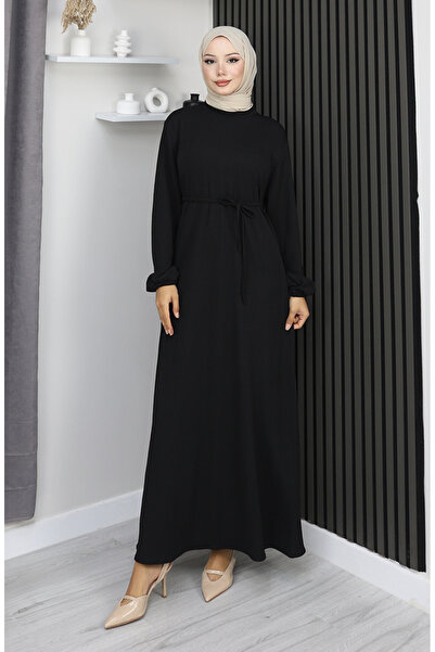 sefamerve Twisted Fabric Sleeve Elasticated Hijab Dress 2170-01 Black