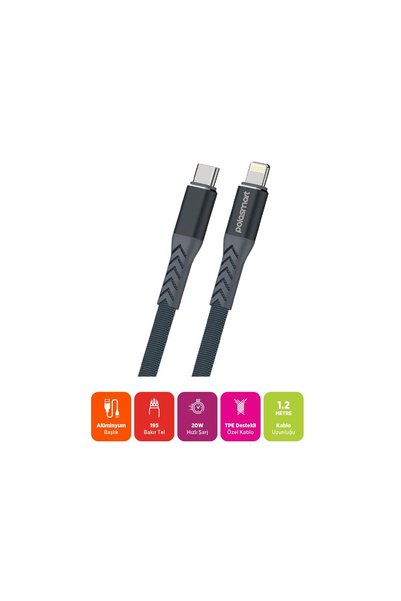 Polosmart PSM118 Type-C to Lightning 20W Hızlı Şarj ve Data Kablosu 1.2 Metre Gri