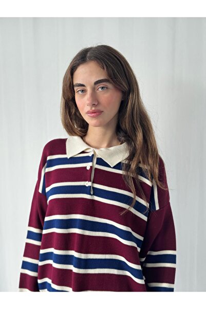 Retrobird Polo Neck Striped Knitwear Sweater Women Burgundy