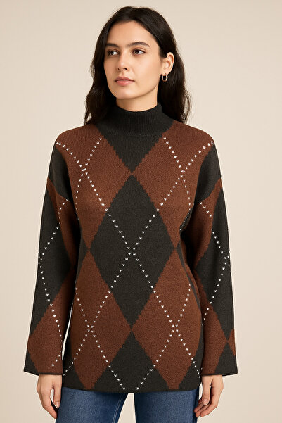 Sea Style Kahverengi Ekose Desenli Yarım Balıkçı Triko Kazak