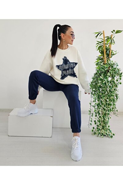 6 butik altı üstü butik Yıldız Denim Detail 3 İp Ş Fleece-Lined Tracksuit Set