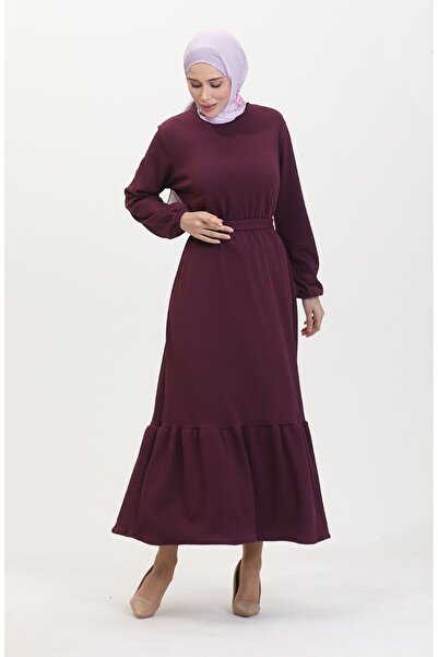 sefamerve Burgu Kumaş Corded Fabric Ruffled Dress 2169-04 Plum