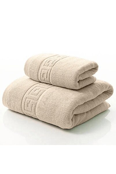 Artenova Set of 2 Premium Cotton Bath Towels, 70x140 cm, 50X90 cm, Greek pattern, Beige