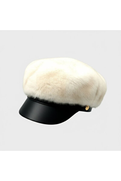 Mustran Suyutti Luxury Imported Unisex Cream Fur Captain Hat - Adjustable Brim Winter Cap