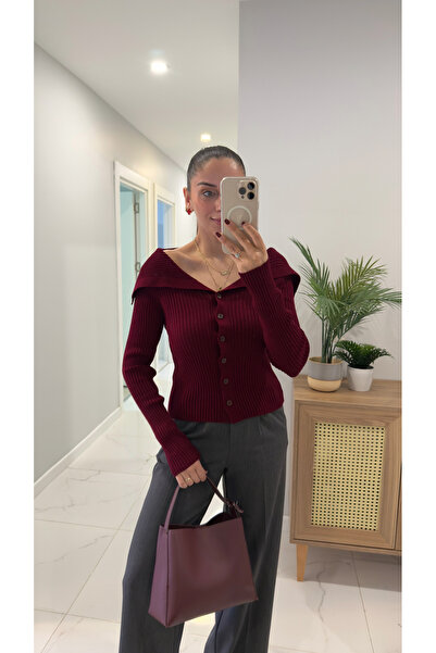 BİRCANÇİL Utera Burgundy Buttoned Collar Detailed Cardigan