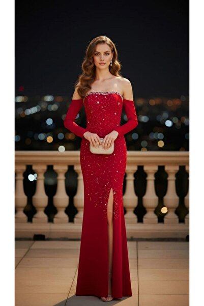 Modafeminen Strapless Tas Design Slit Fish Evening Dress 583337 Red