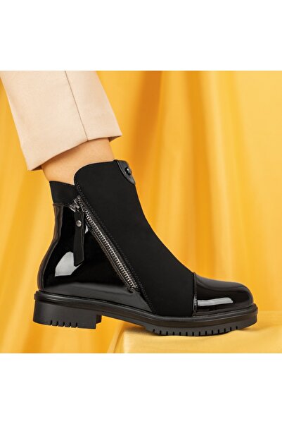 Modlet.ro Women's black patent leather boots with zipper MOD07124