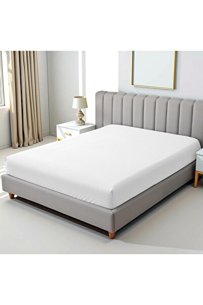 Hotel Linen Klub Fitted Queen Sheet - White Striped, 100% Cotton, 250 TC, 180×200+30 cm