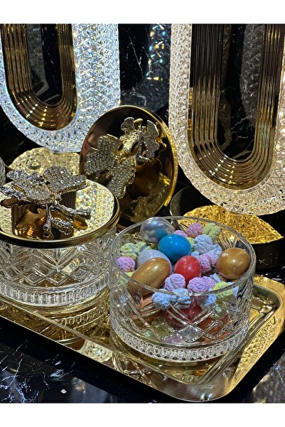 pırıltı home 3'LÜ TEPSİLİ GOLD TAŞLI DRAJELİK-LOKUMLUK-KAHVALTILIK-BAHARATLIK