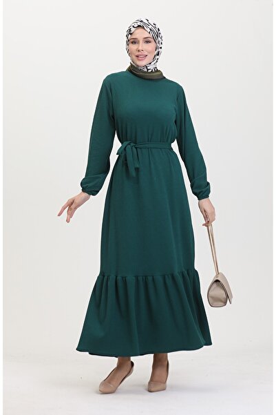 sefamerve Twisted Fabric Corded Fabric Ruffle Dress 2169-05 Emerald Green