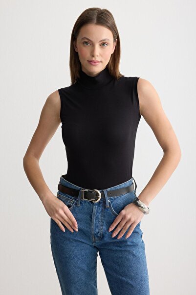 ipekton studio Turtleneck Zero Sleeve Combed Cotton Bodysuit Black