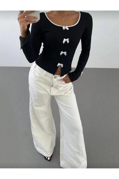 LOUİSA Women's Black Collar Long Sleeve Bodysuit with White Ribbon