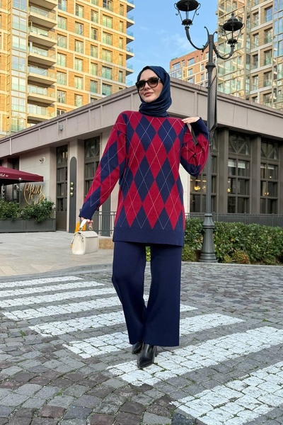 Kirazca Butik Women's Standard Size Diamond Pattern Knitwear Double Set