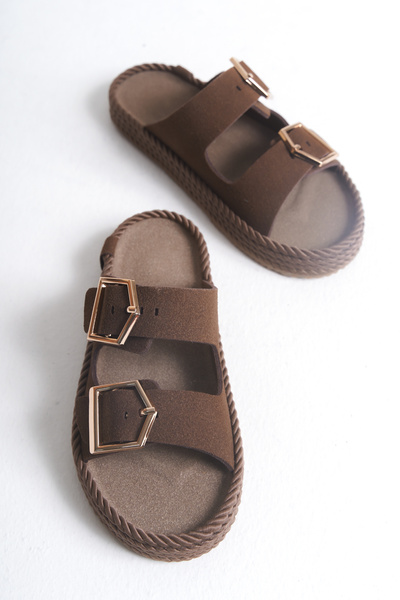 meyra'nın ayakkabıları Women's Bitter Brown Suede Orthopedic Sole Double Buckle Straw Slippers
