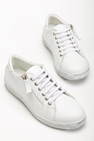 Hayalimdeki Ayakkabı Women's White Genuine Leather Side Zipper Lace-Up Sneakers