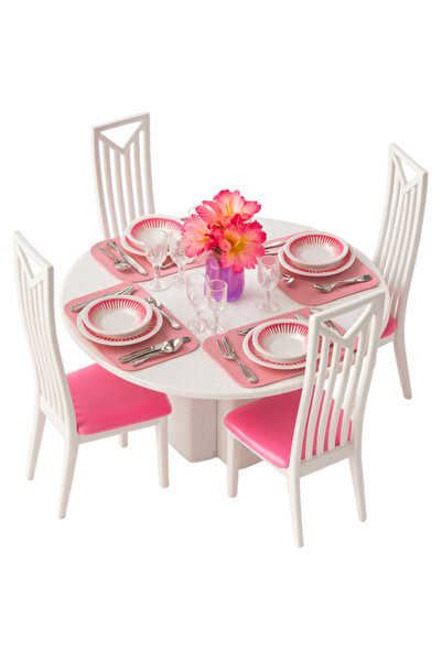 zola Doll furniture set, table, 4 chairs, cutlery, plastic, white/pink