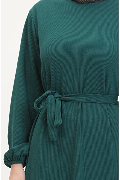 sefamerve Twisted Fabric Corded Fabric Ruffle Dress 2169-05 Emerald Green