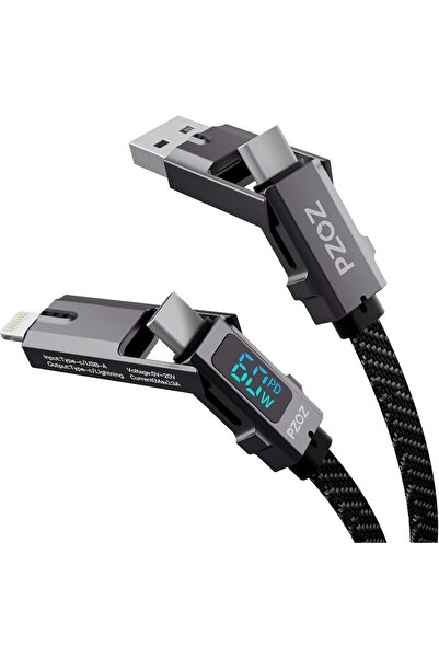 Pzoz كابل شحن متعدد 4 في 1، 60 وات، 1.5 متر، USB C، Lightning، LED، سلك شحن س...